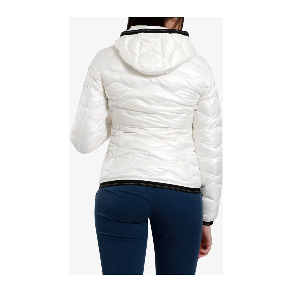 Blauer Witte Nylon Hooded Jas met Golven White Dames