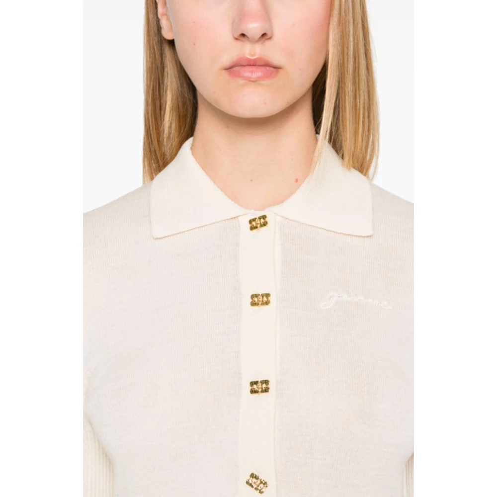 Ganni Merino Wol Rib Polo Shirt Beige Dames
