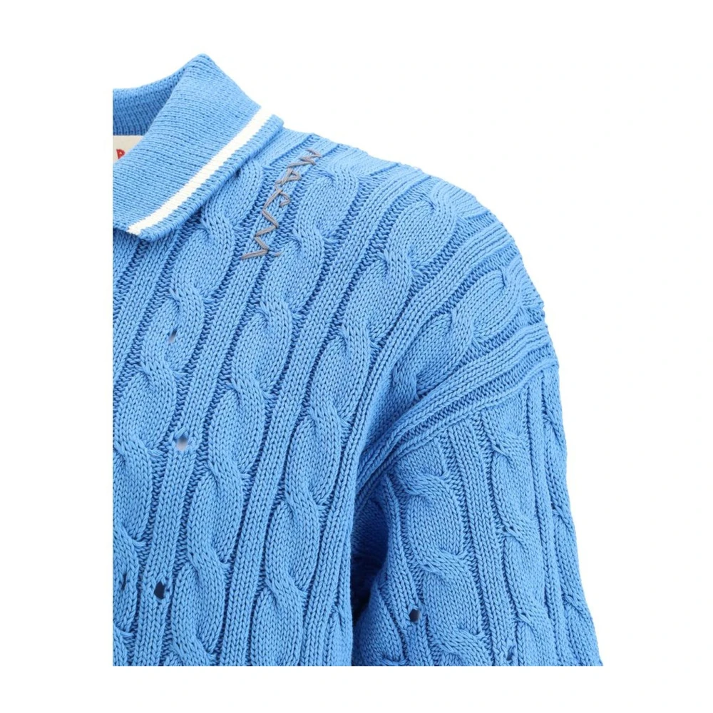 Marni Kabelgebreide Polo Sweater met Geribbelde Zoom Blue Heren