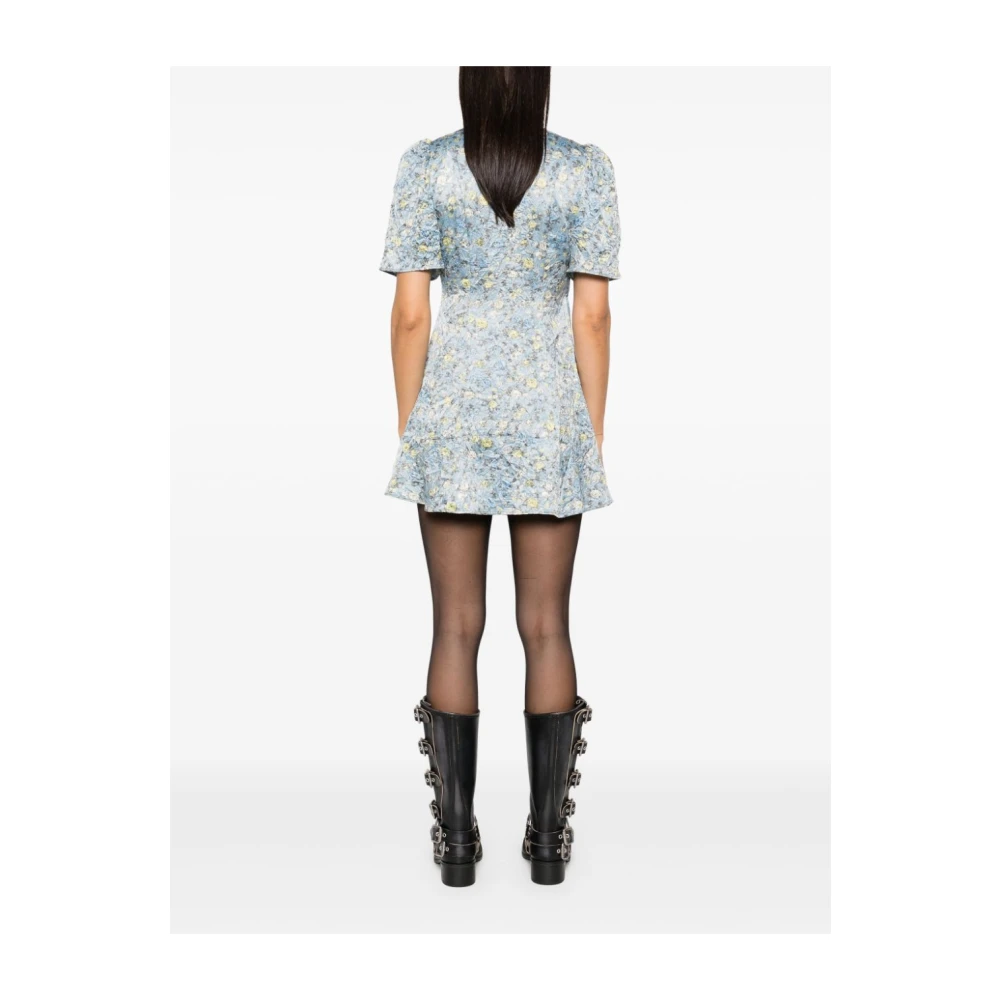 Ganni Blauwe Jurk met V-hals en Korte Mouwen Blue Dames