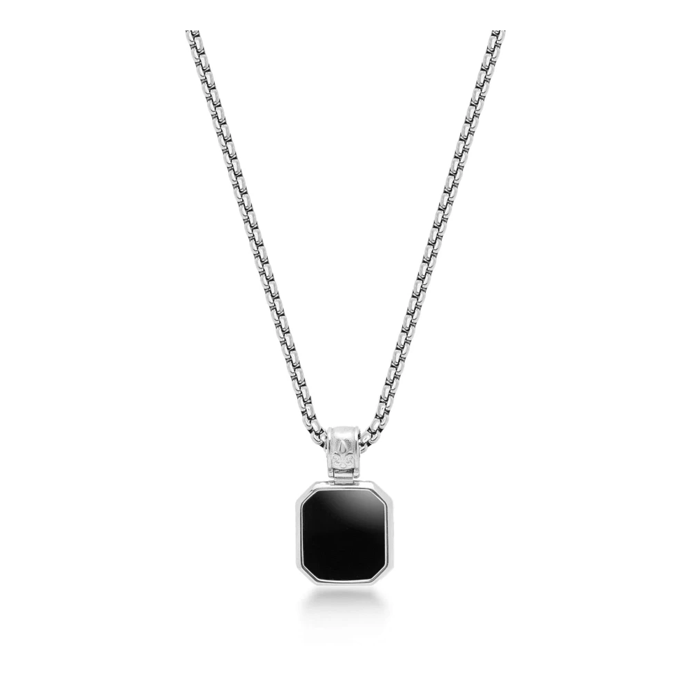 Nialaya Men's Gray Necklaces, 2XL, Silver Necklace With Square Matte Onyx Pendant