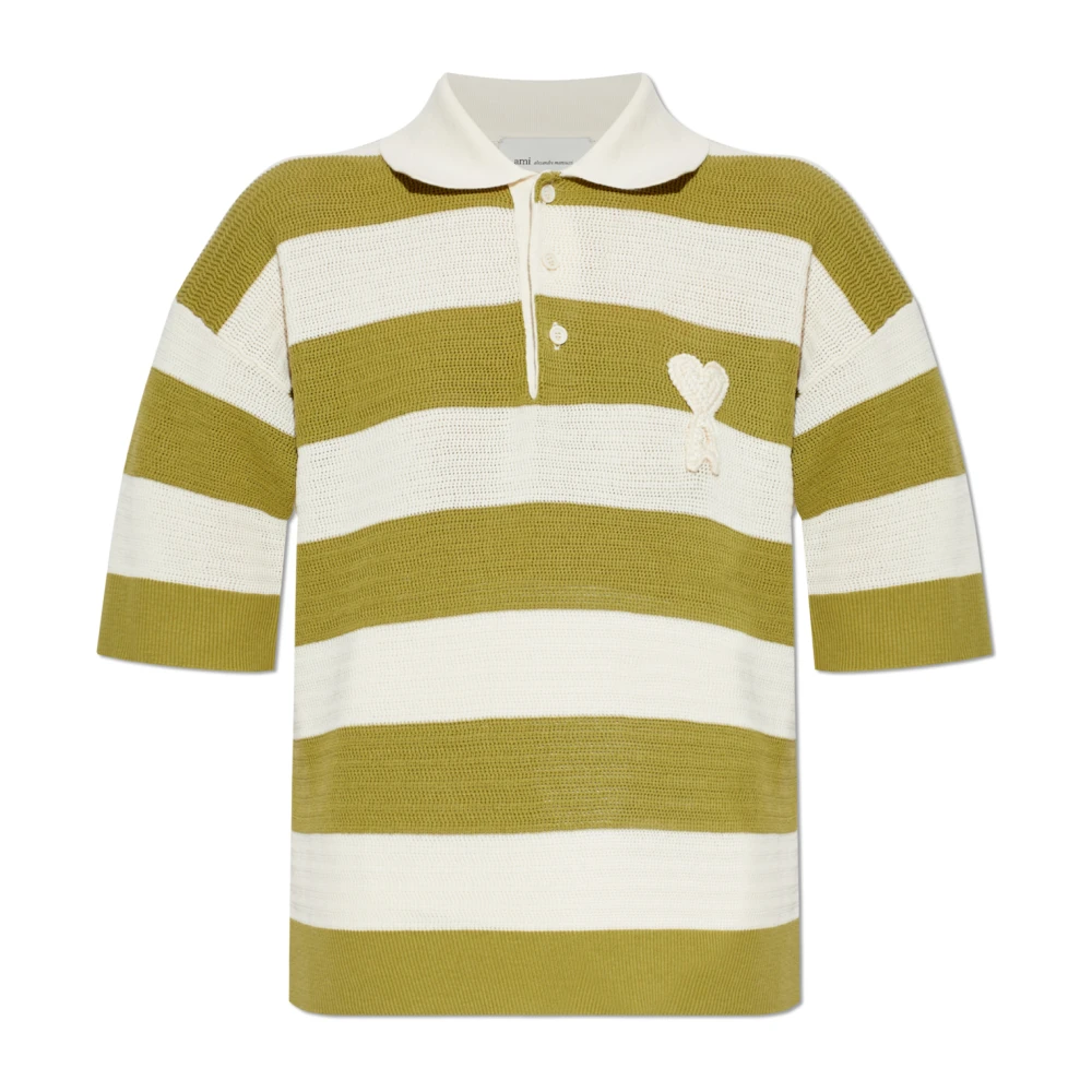 Ami Paris Women's Green Polo Shirts, L, Striped Pattern Polo Shirt
