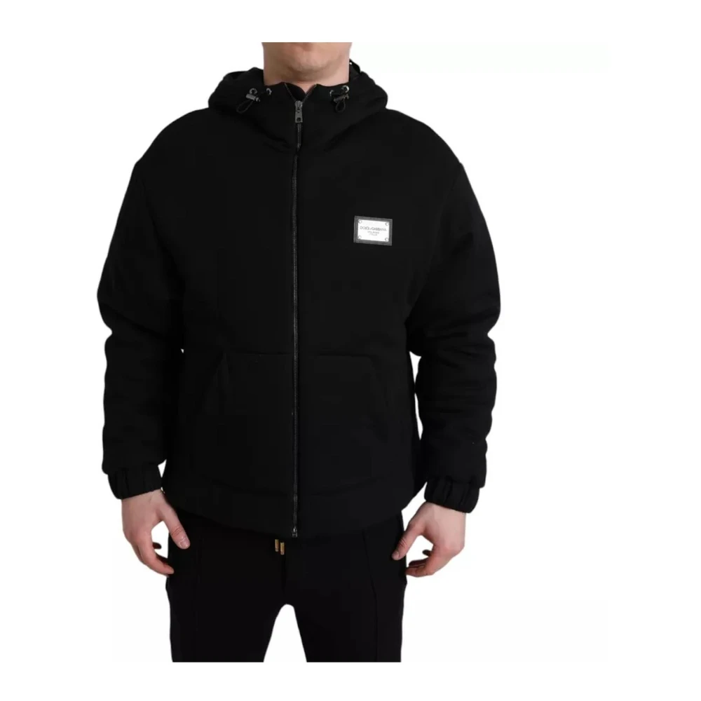 Dolce & Gabbana Logo Hooded Bomber Jacket Cotton Nylon Black Heren