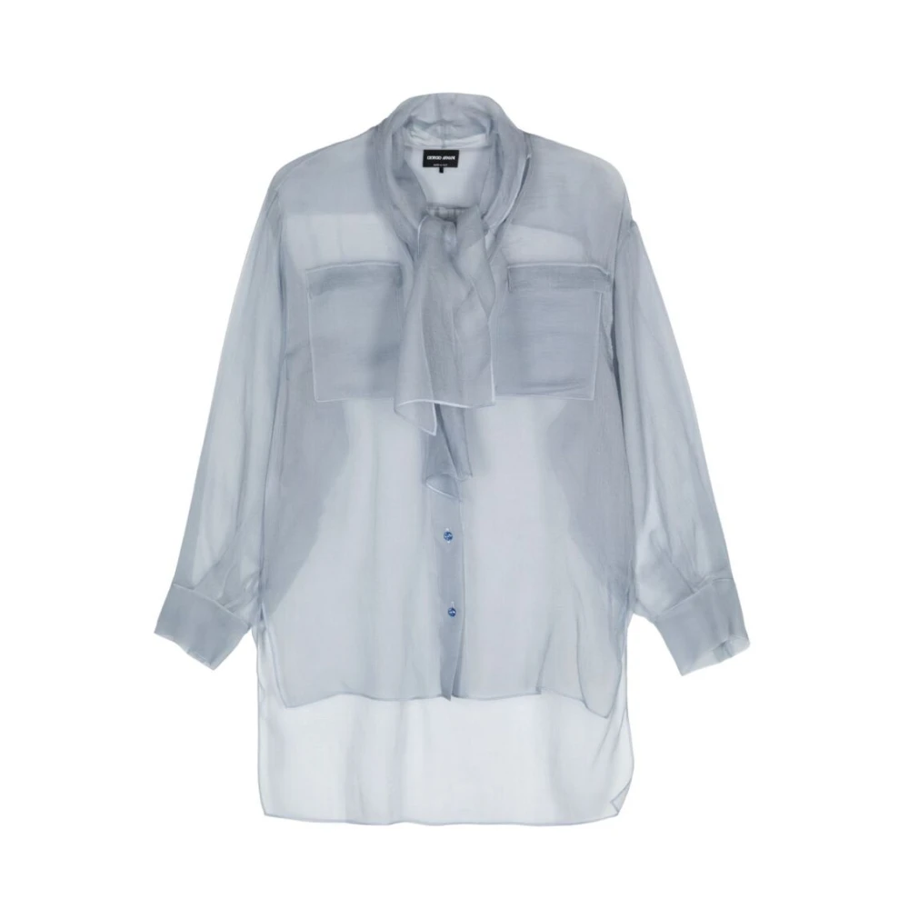 Giorgio Armani Blauwe Zijden Organza V-Hals Shirt Blue Dames