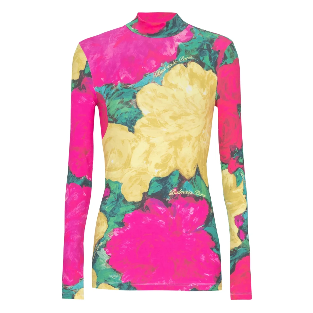 Balmain Kvinno Multicolor Toppar Dam, Xs, Tryckt Topp Med Hög Krage