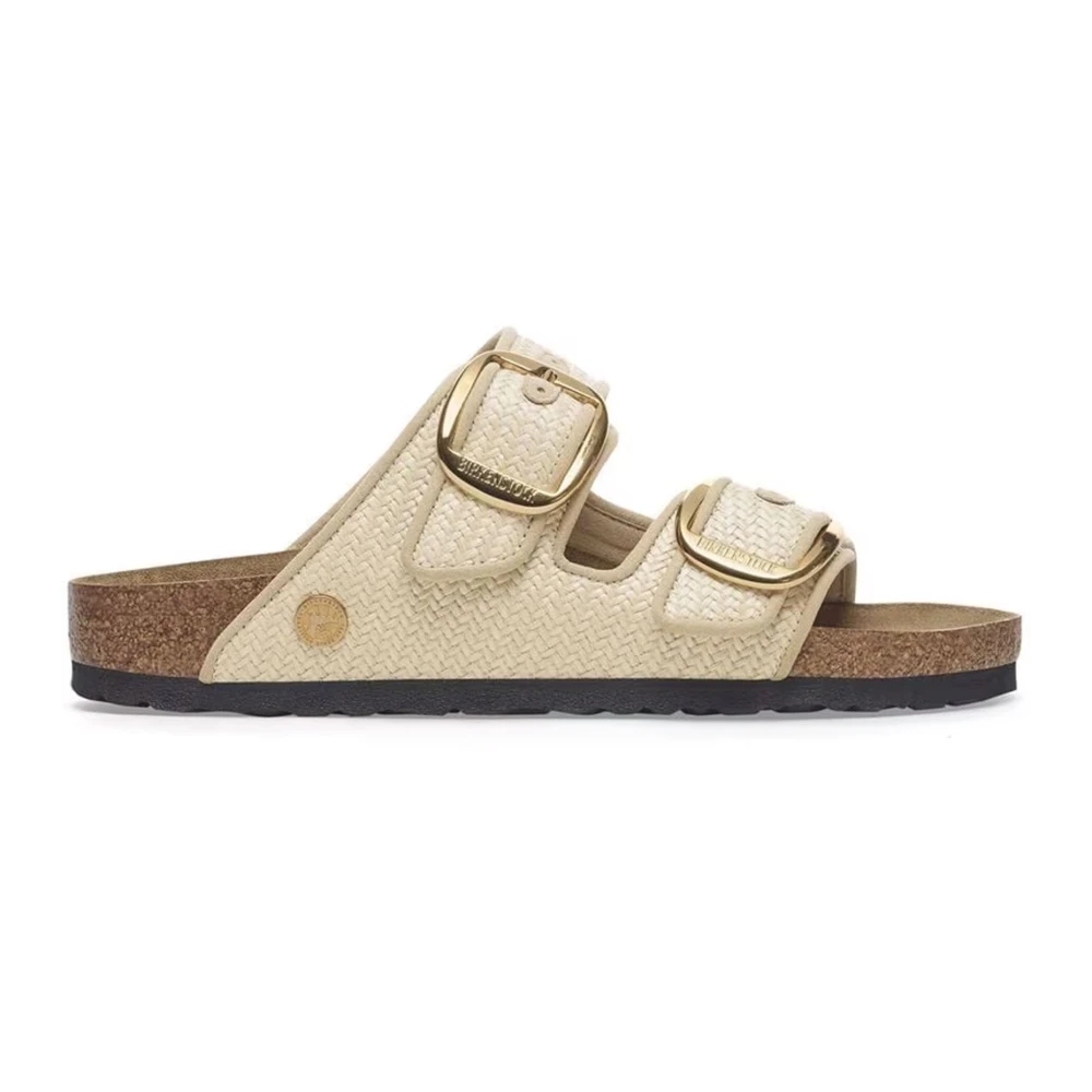 Birkenstock Women's Beige Sliders, 3 Uk, Natural Big Buckle Raffia Sandals