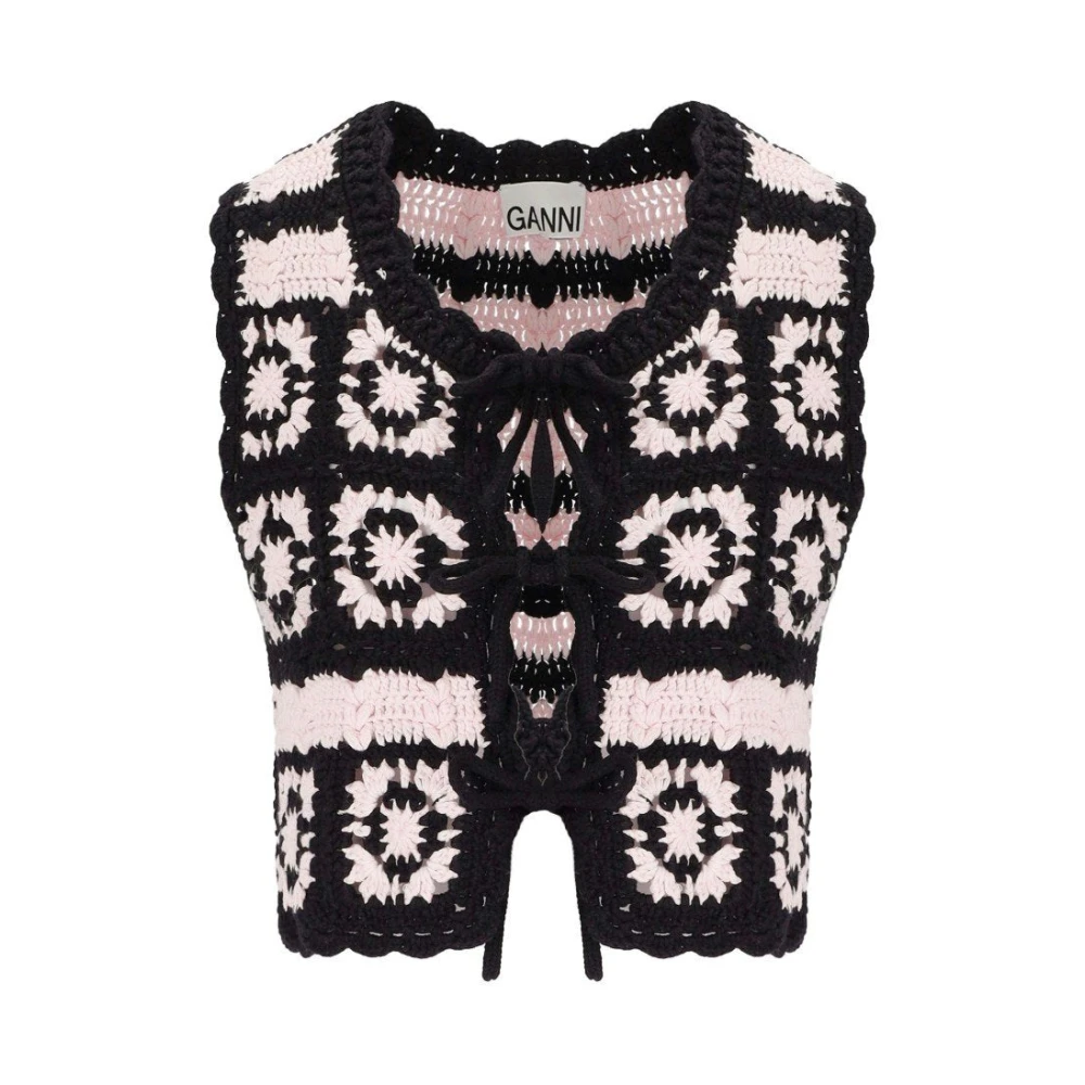 Ganni Women's Black Waistcoats, Xs, Pink Crochet Vest