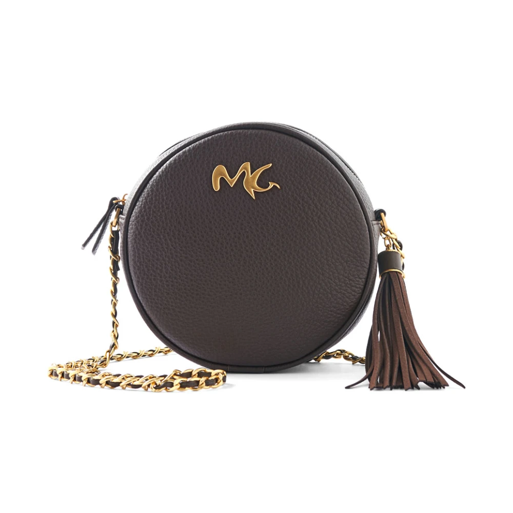 Manila Grace Mini ronde eco-leren tas met afneembare kettingriem 3D-logo en gouden accenten Brown Dames