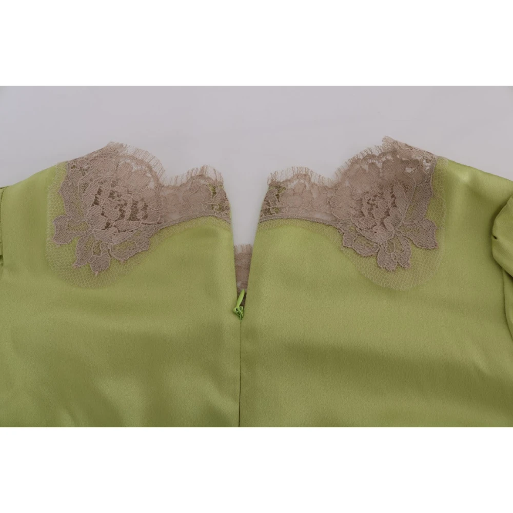 Dolce & Gabbana Groene Zijden Stretch Blouse met Beige Bloemenkant Green Dames