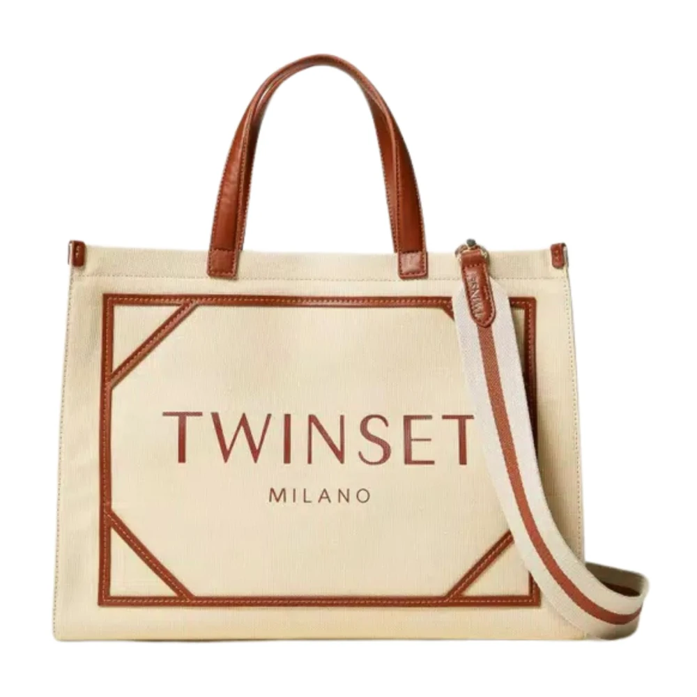 Twinset Canvas Shopper Tas met Logo Print Beige Dames