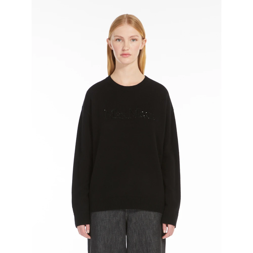 Max Mara Zwarte Crew Neck Sweater met Strass Logo Black Dames