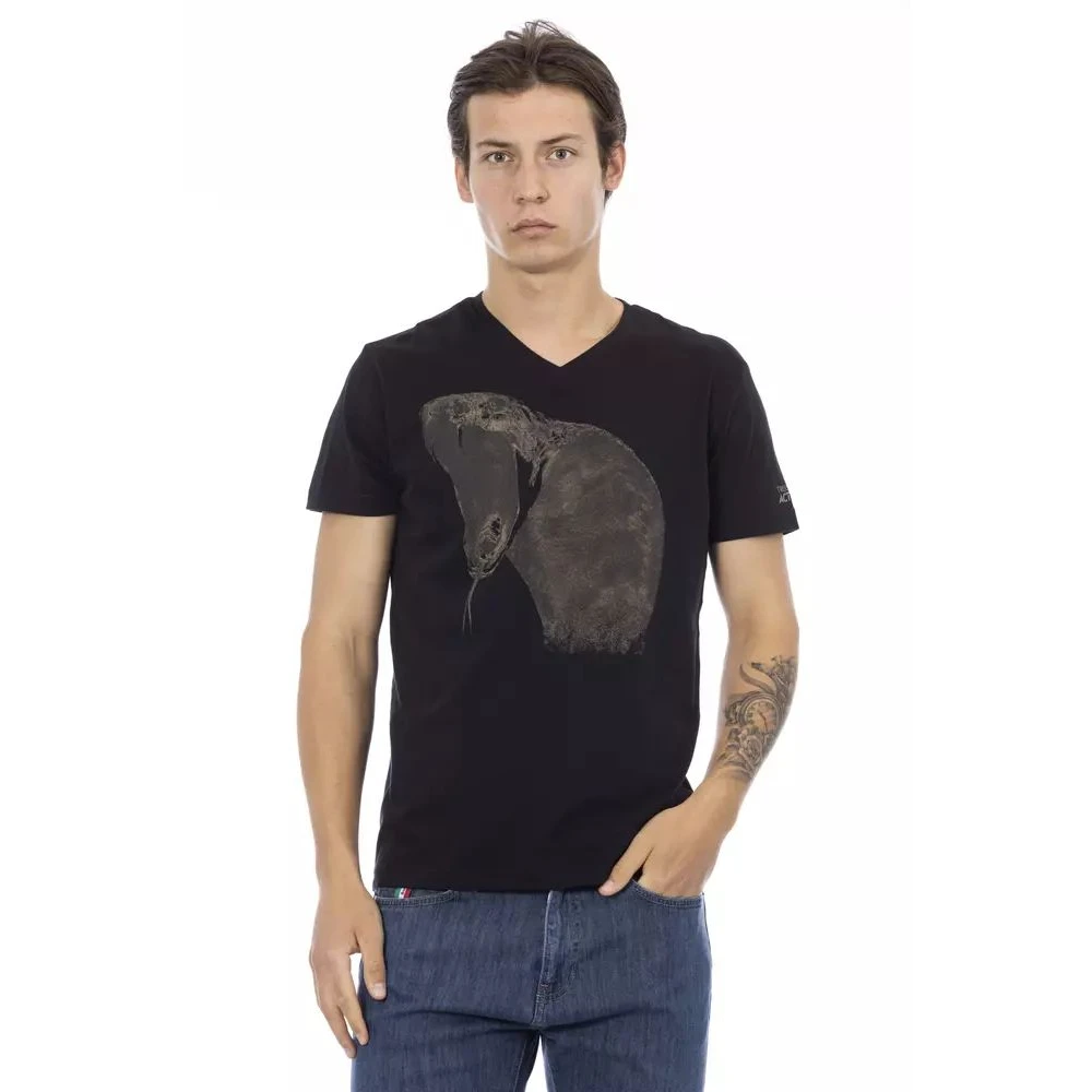 Trussardi Mannelijk Zwart Tops Heren, M, Katoen, V-Hals T-Shirt Met Frontprint