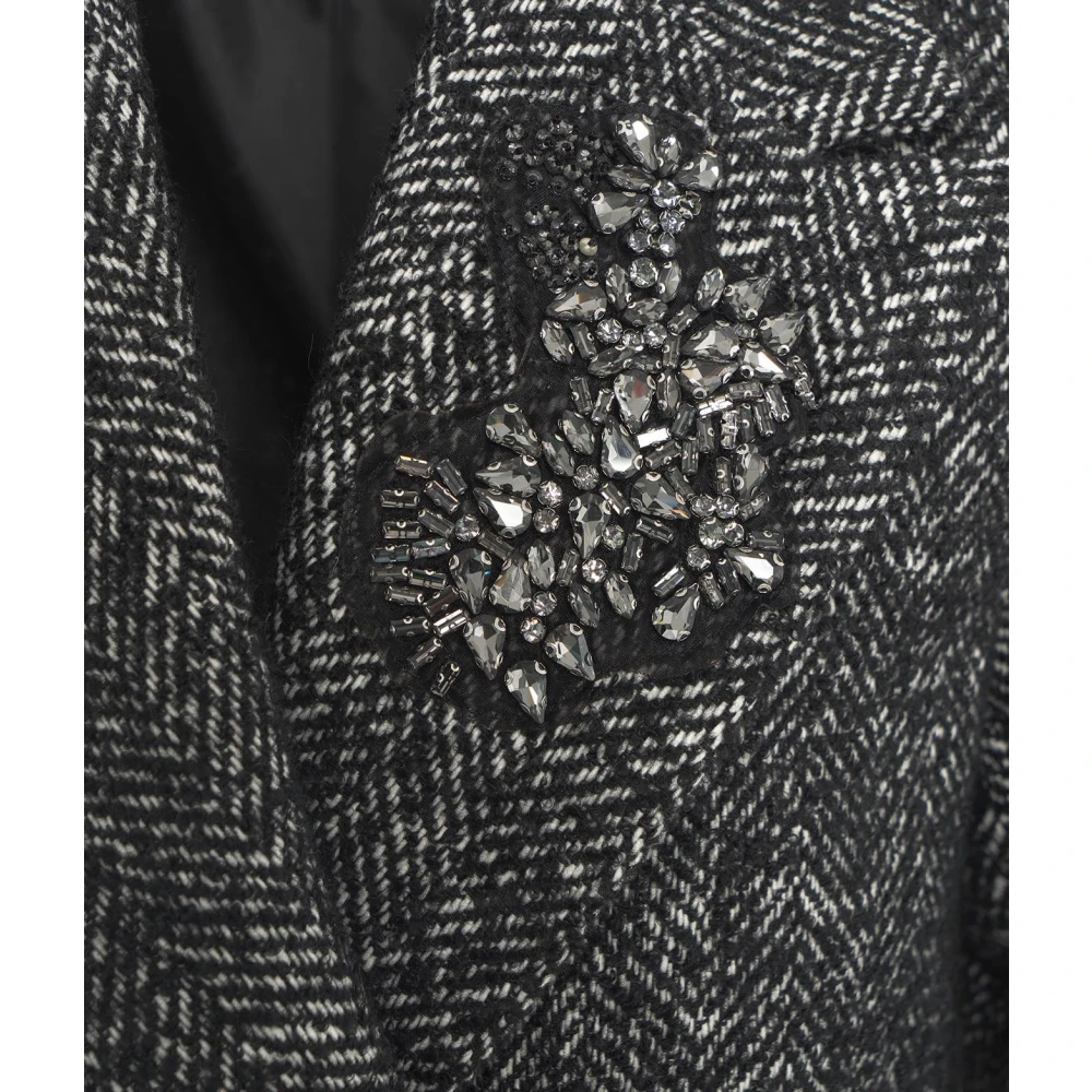 Kaos Strass Bouclé Midi Jas met Revers Black Dames
