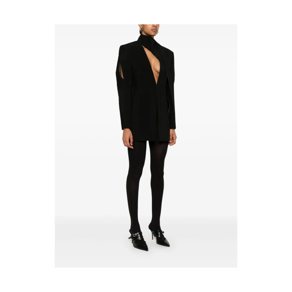 Mugler Zwarte Twill Weave Jas met Leren Afwerking Black Dames