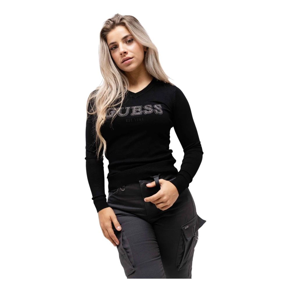 Guess Zwarte Logo Sweater V-hals Dames Black Dames