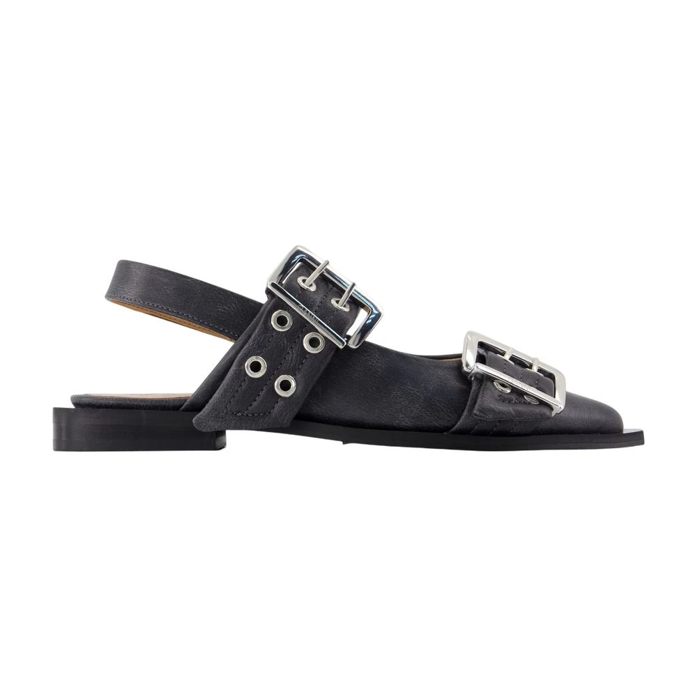 Ganni Women's Gray Vintage Buckle Ballerinas Leather Grey - Ballerina Shoes - 5 Uk - Shoes
