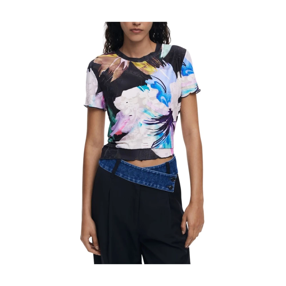 Desigual Kvinno Multicolor Toppar Dam, L, Polyester, T-Shirt Med Rund Hals