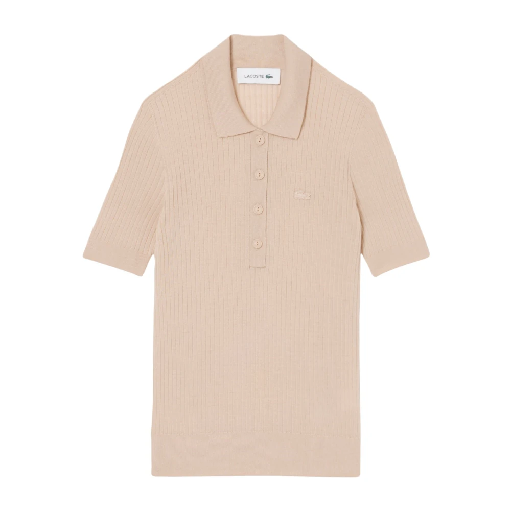 Lacoste Women's Beige Polo Shirts, Xs, Merino Wool Jumper With 3D Ribbed Polo Neck
