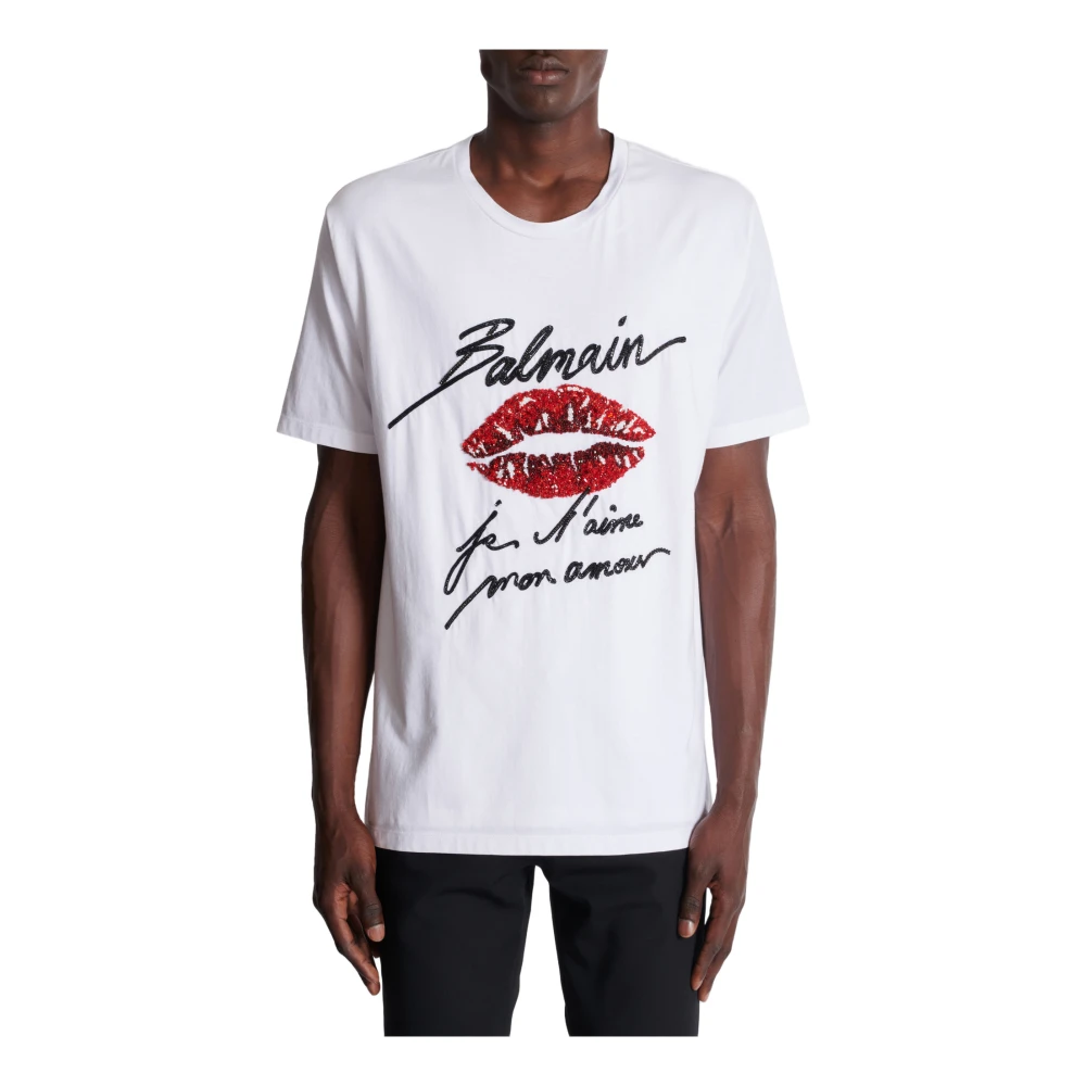 Balmain Geborduurd T-shirt met 'Love Letter' en lippen White Heren