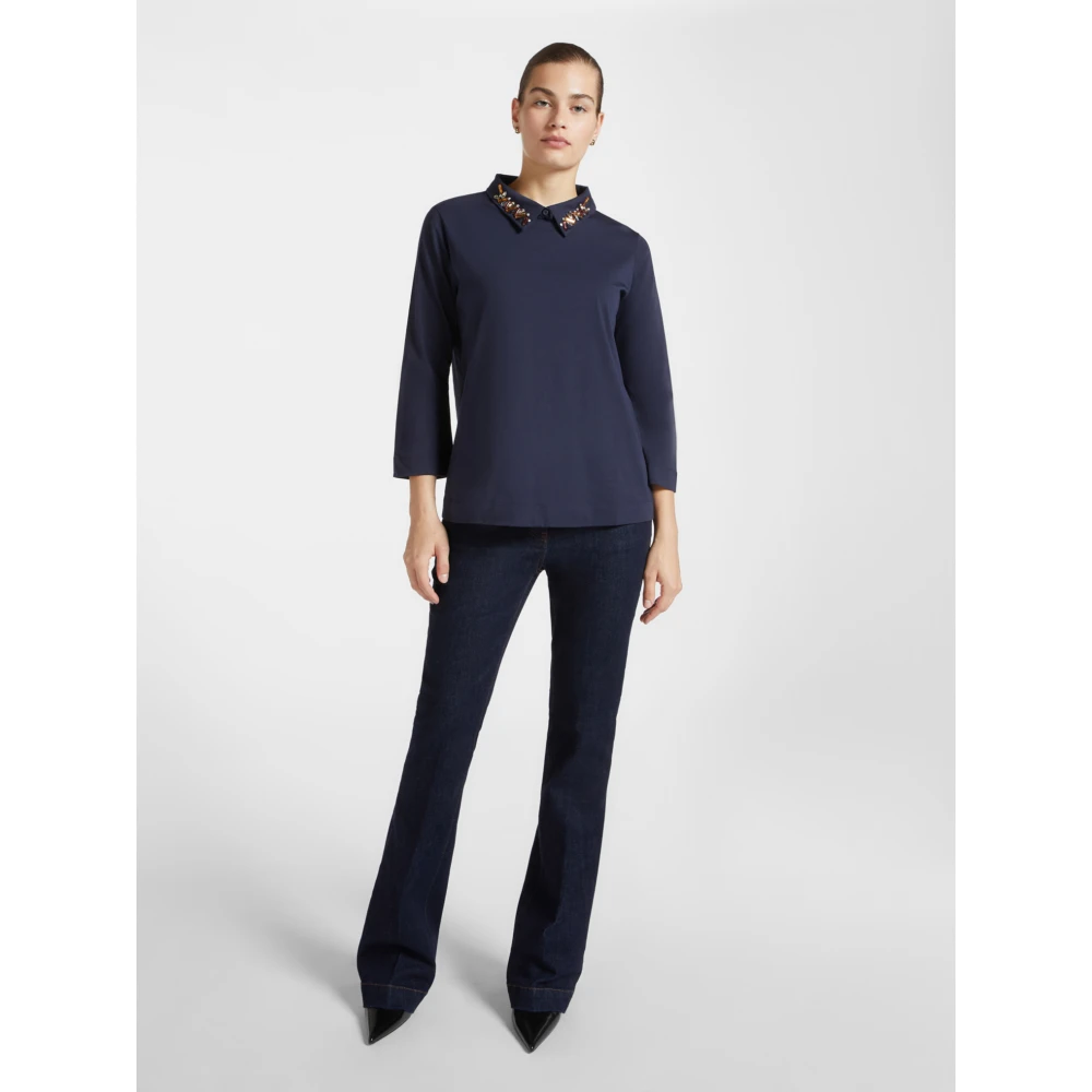 Elena Mirò T-shirt met geborduurde kraag Blue Dames