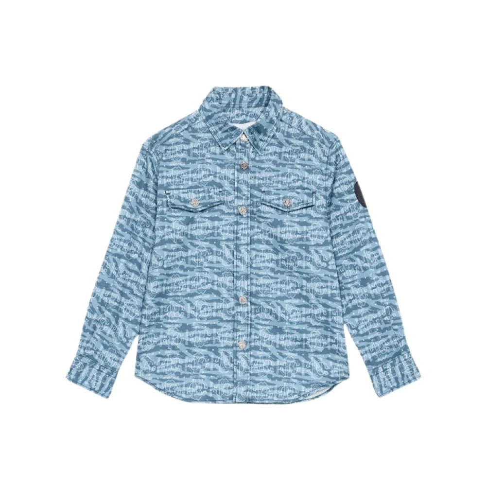 Roberto Cavalli Men's Blue Shirt With Tiger Skin Print And Patch