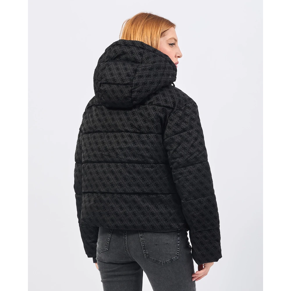 Guess Zwarte gewatteerde jas met fluwelen logo Black Dames