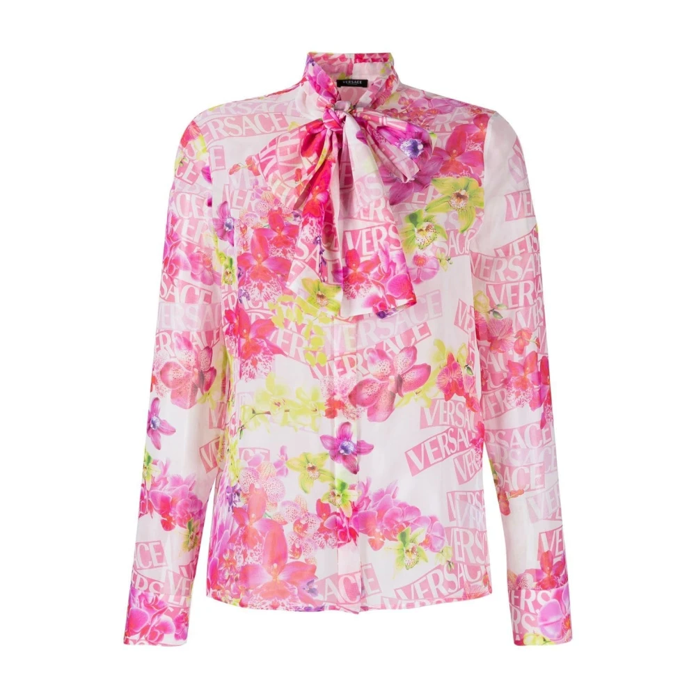 Versace Zijden bedrukt overhemd met logo detail Pink Dames