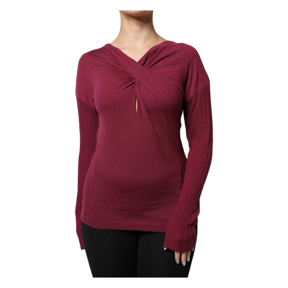 Roberto Cavalli Women's Brown V-Neck Knitwear, L, Maroon Keyhole Knit Wool Jumper
