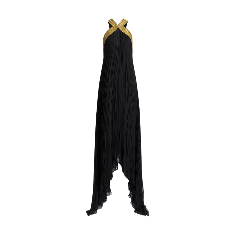 Alberta Ferretti Women's Black Plissé Chiffon Gown With Metallic Embroidered Collar - Gowns - M - Dresses