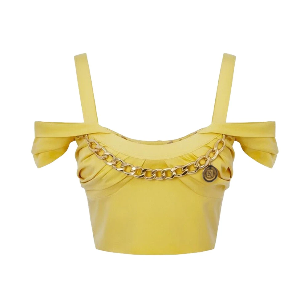 Elisabetta Franchi Women's Yellow Sleeveless Tops, S, Stretch Cotton Top With Necklace
