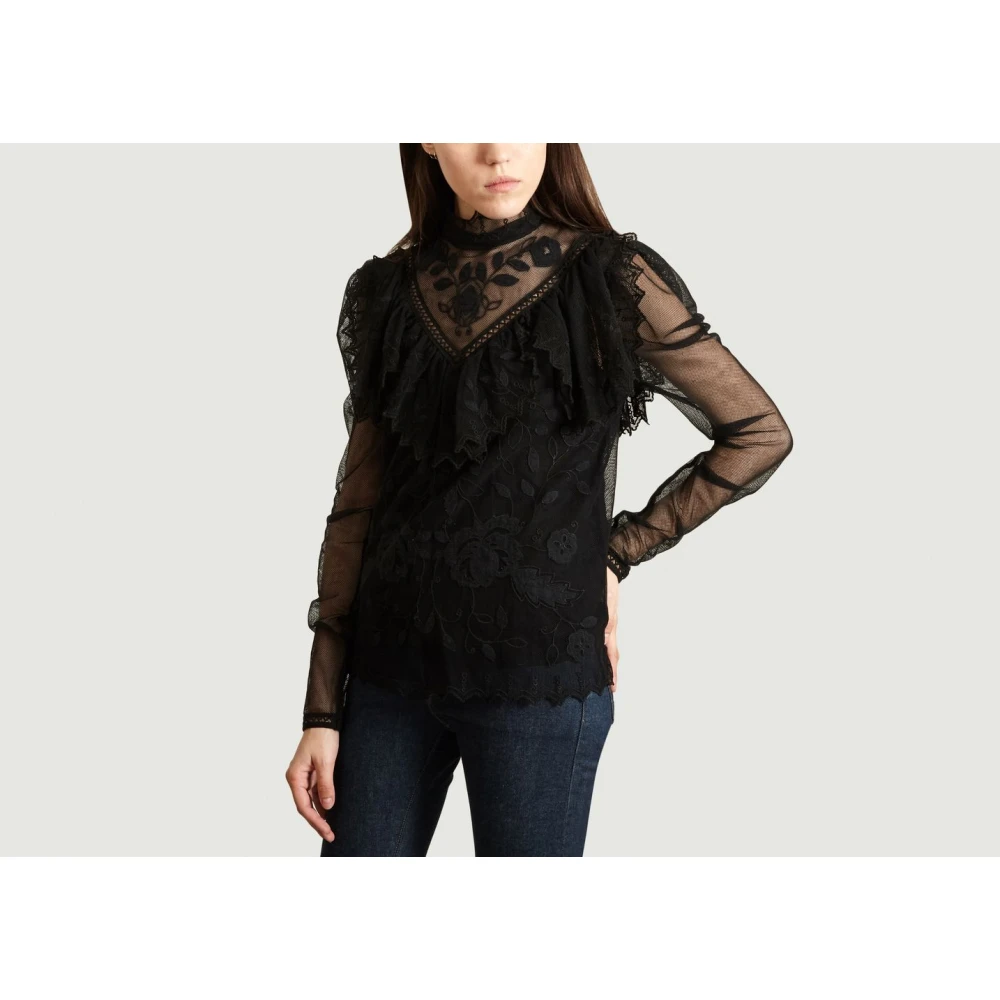 See by Chloé Zwarte kanten top met ruchekraag Black Dames
