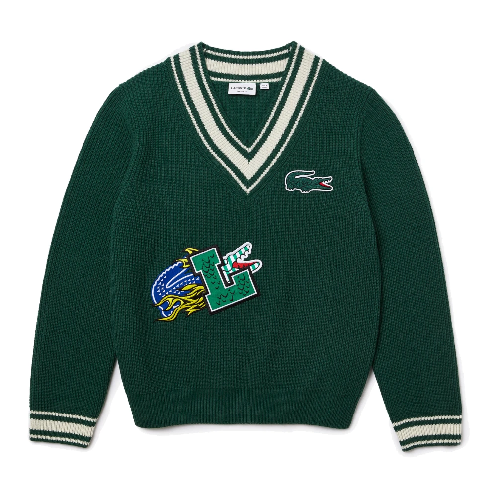 Lacoste Randig V-ringad stickad tröja med serietidningsinspirerad emblem Green, Herr