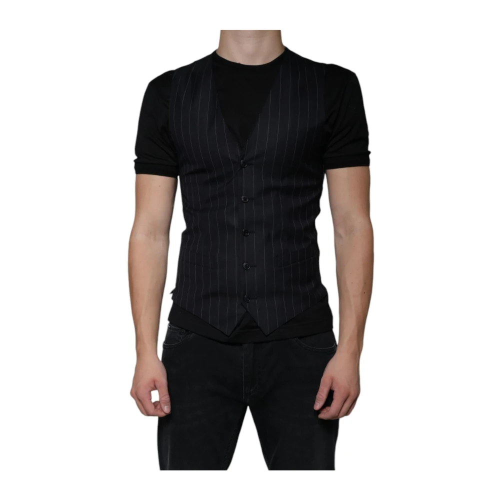 Dolce & Gabbana Men's Black Waistcoats, Xs, Pinstripe Leather Formal Vest