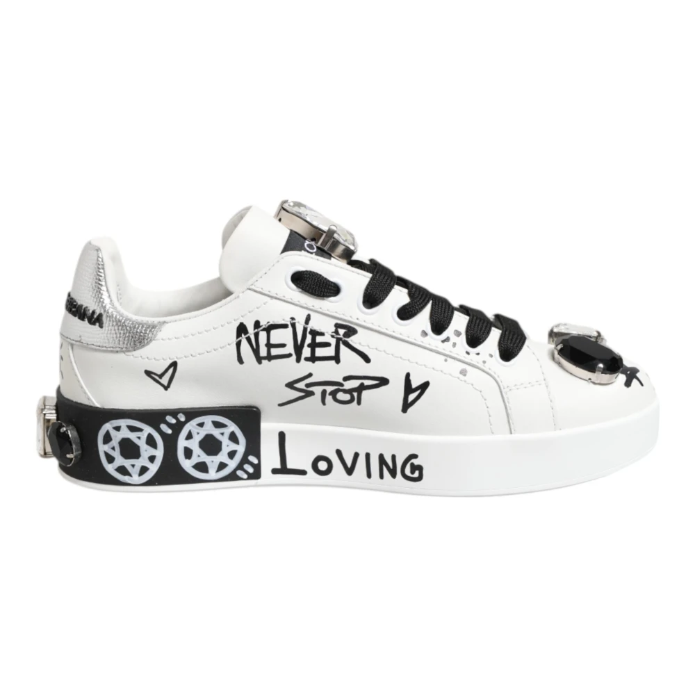 Dolce & Gabbana Women's White Crystal Portofino Sneakers Leather