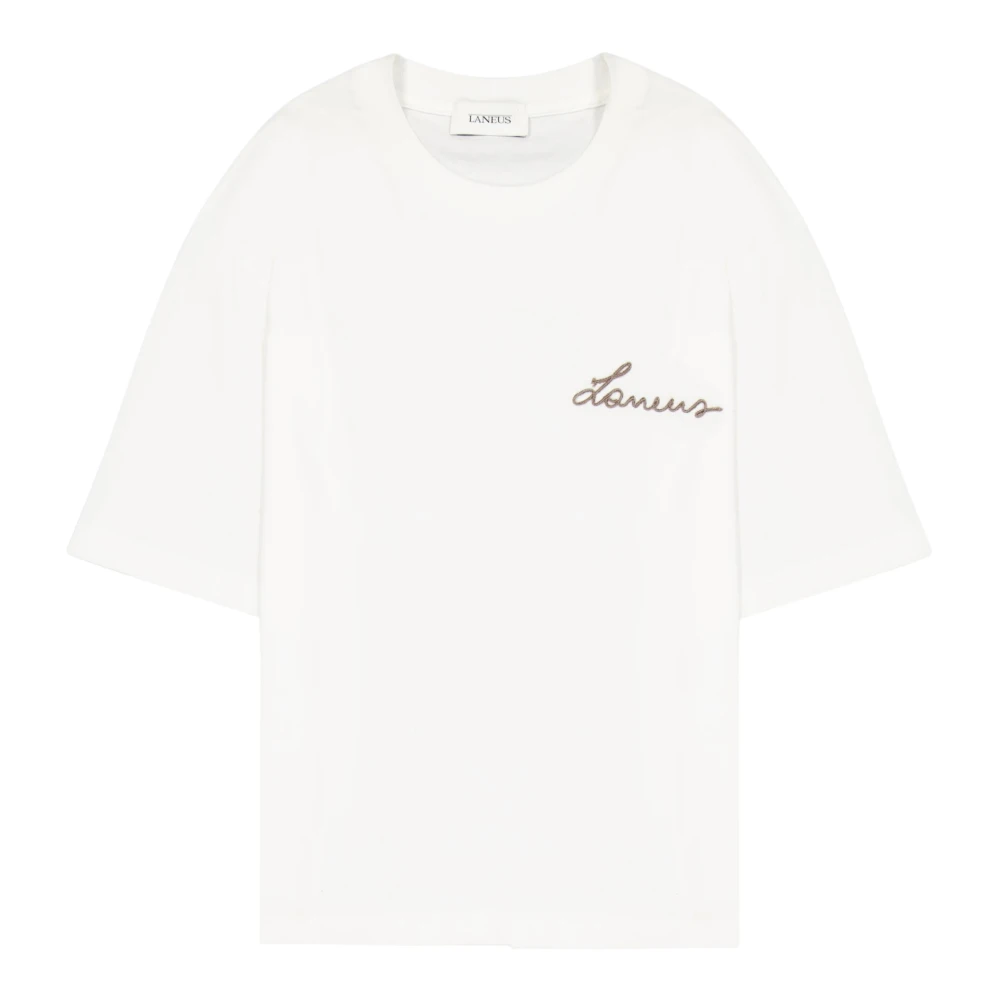 Laneus Boxy Crew Neck T-Shirt med Logo Broderi White, Unisex