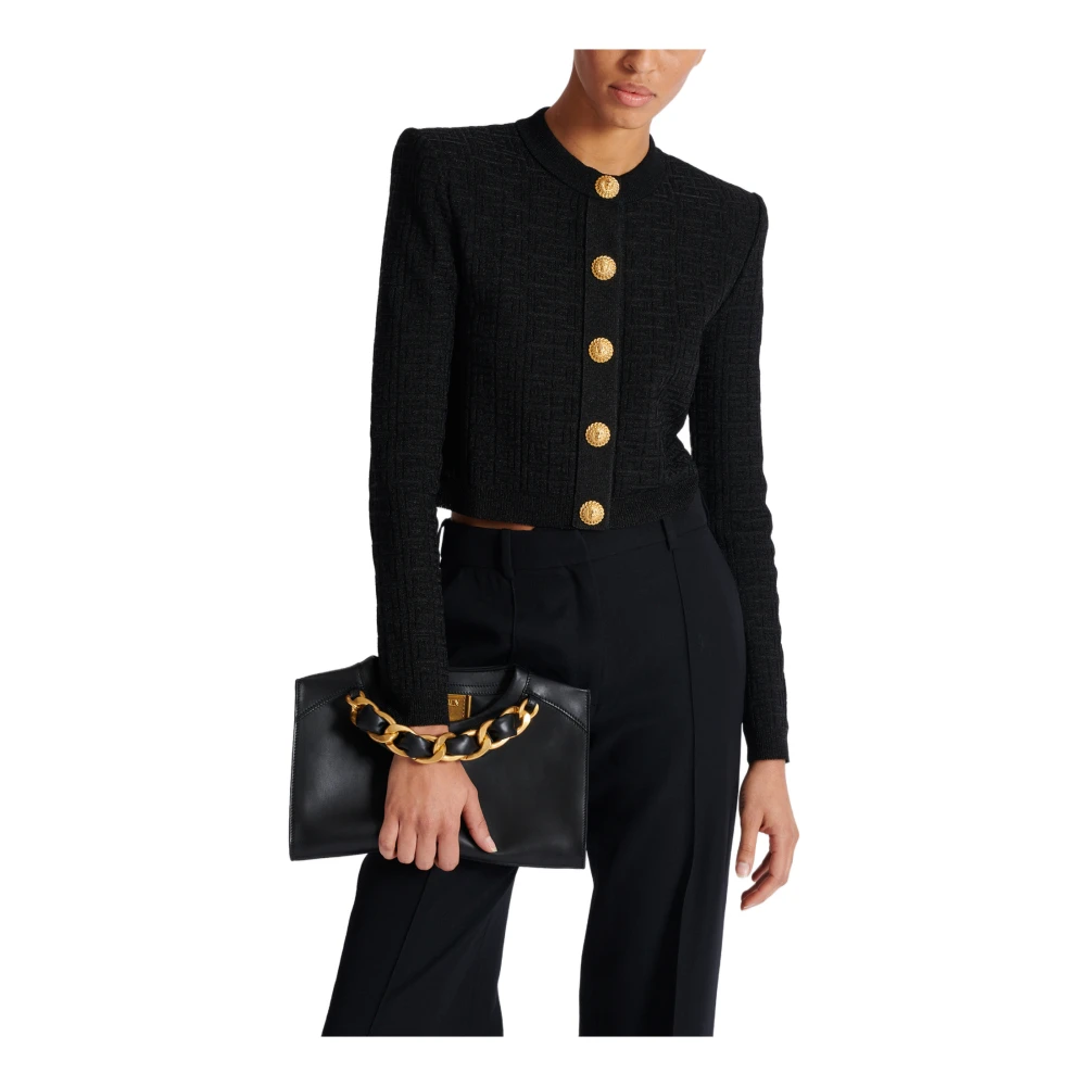 Balmain Crewneck met rits van kalfsleer Black Dames