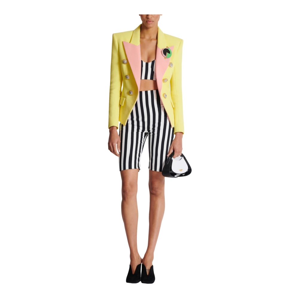 Balmain 6-knoops dubbele crêpe tweekleurige jas Yellow Dames