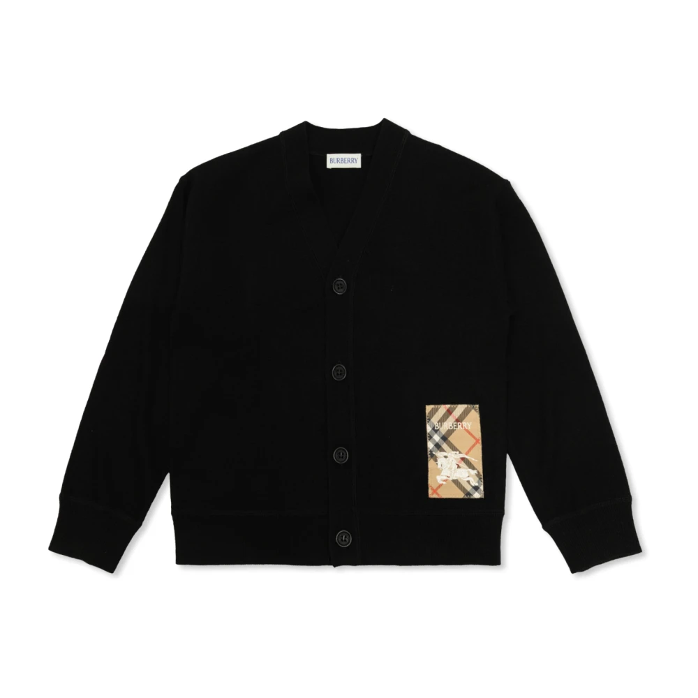 Burberry Unisex Kids Black Kids Cardigans, 3 Y, Wool Cardigan With Logo Patch