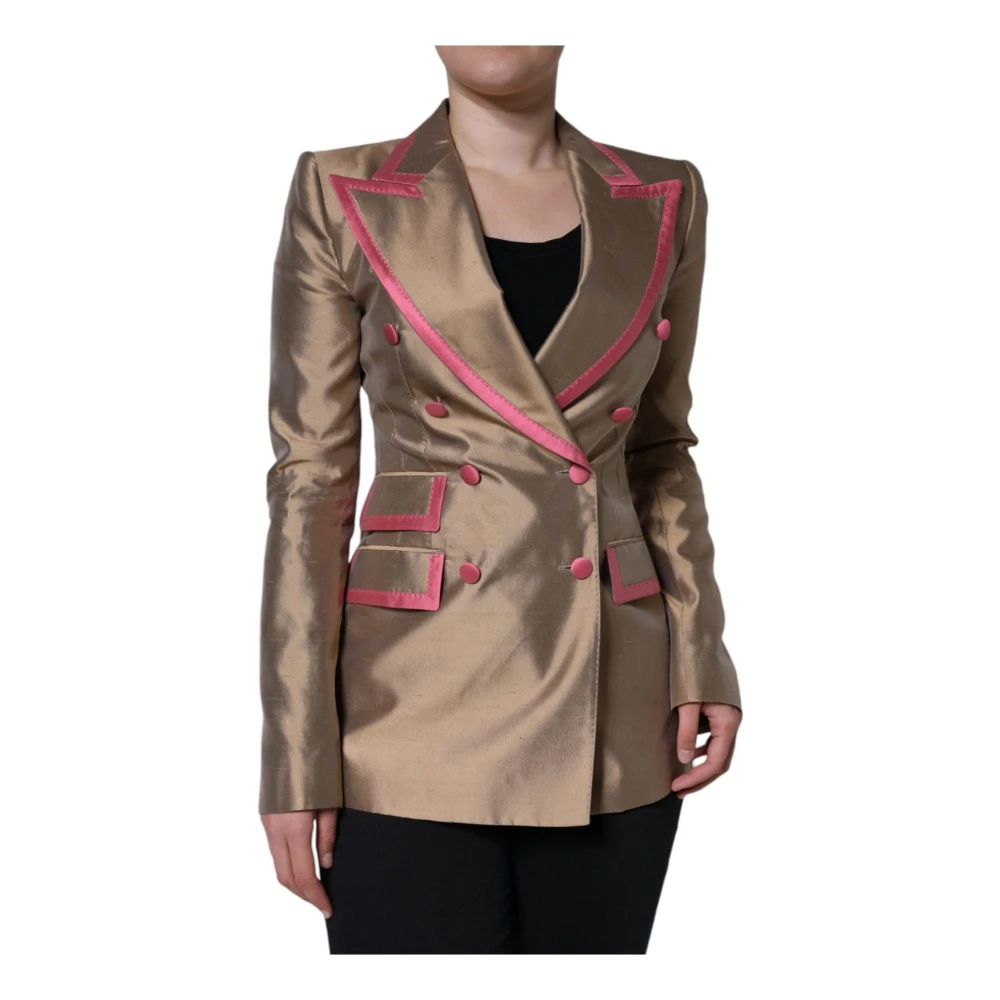 Dolce & Gabbana, Blazers, female, Brown, XS, Metallic Silk Blazer with Peak Lapels