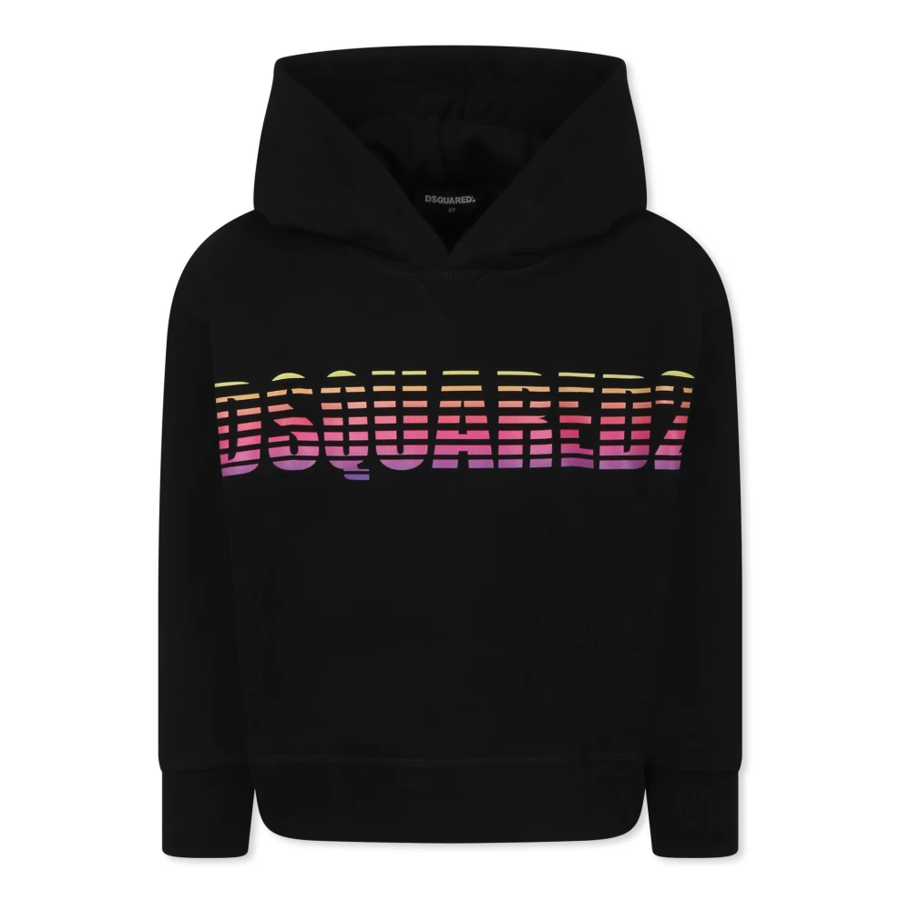 Dsquared2 Unisex Kids Black Sweatshirts,, Multicolor Striped Logo Hoodie Size 12 Y