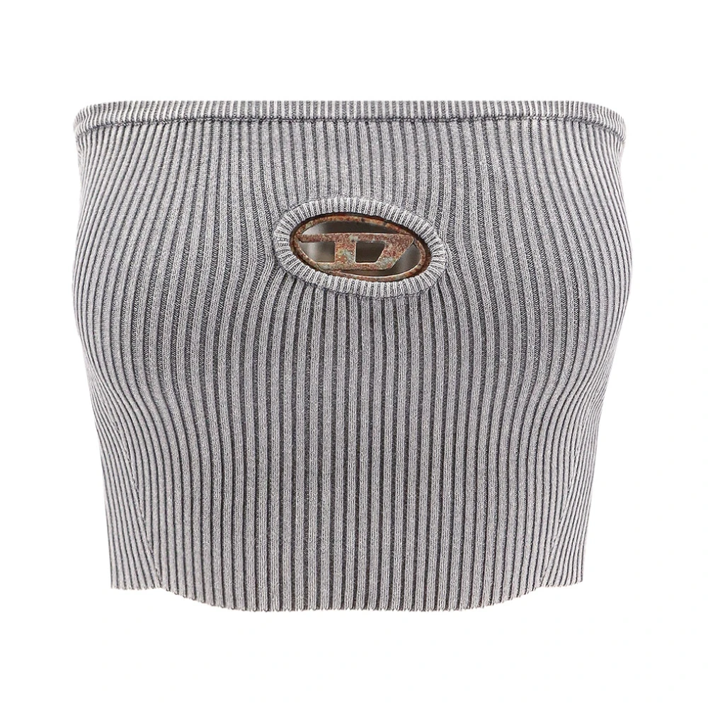 Diesel Geribbelde Crop Top met Ovaal D-detail Gray Dames