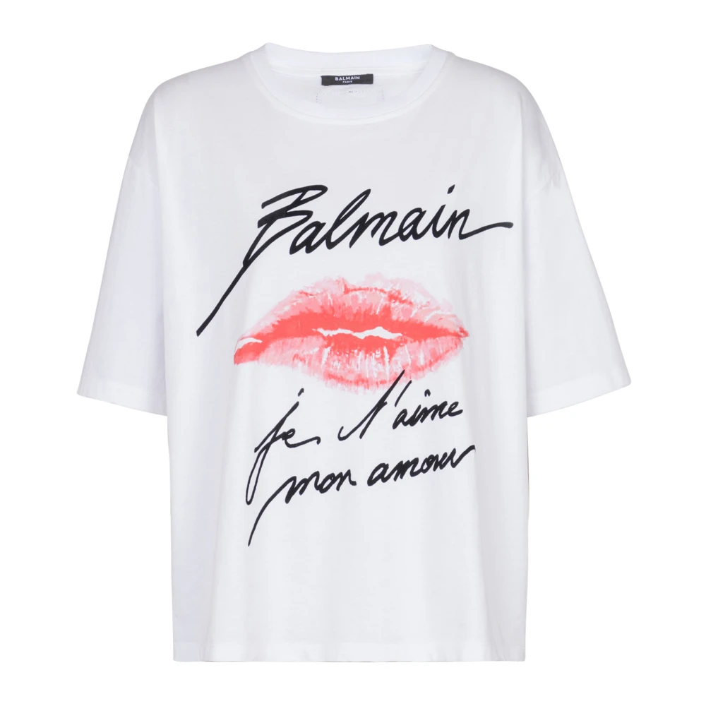 Balmain Women's White Short-Sleeved T-Shirt With Kiss Print - T-Shirts - Xs - Tops
