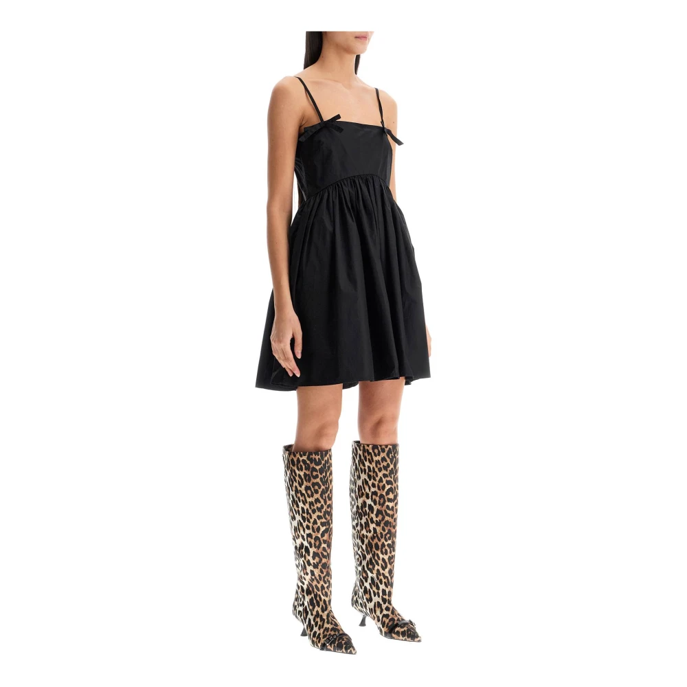 Ganni Flared Cotton Poplin Mini Dress Black Dames