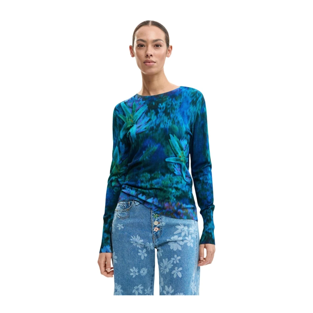 Desigual Femme Bleu Pulls, Taille: 36 Fr Maille Florale À Manches Longues Et Col Rond
