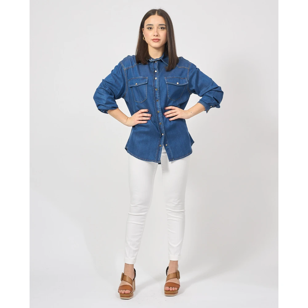 Fracomina Blauwe Denim Regular Shirt met 3 4 Mouwen Blue Dames