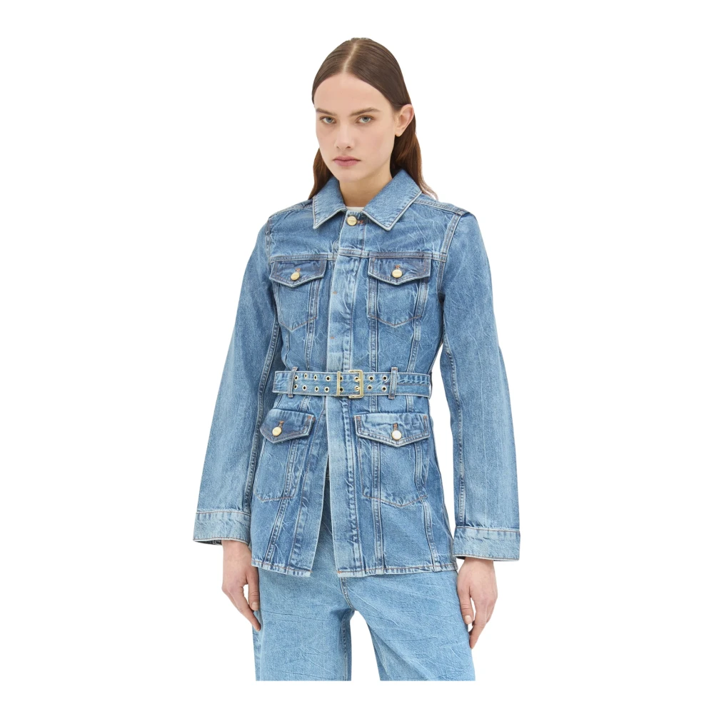 Ganni Foil Denim Jack met Afneembare Riem Blue Dames