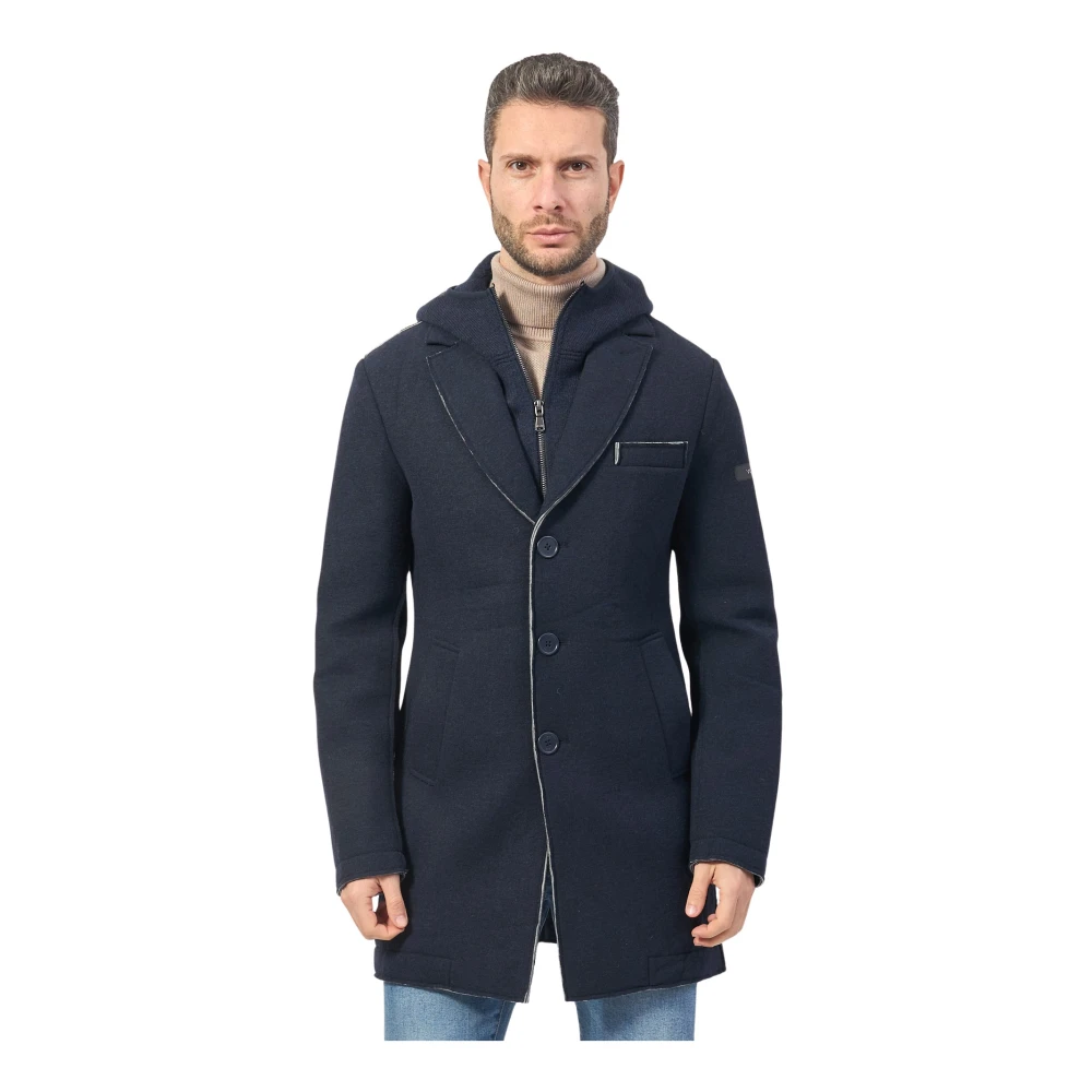 YES ZEE Blauwe Neopreen Wollen Jas met Capuchon Blue Heren