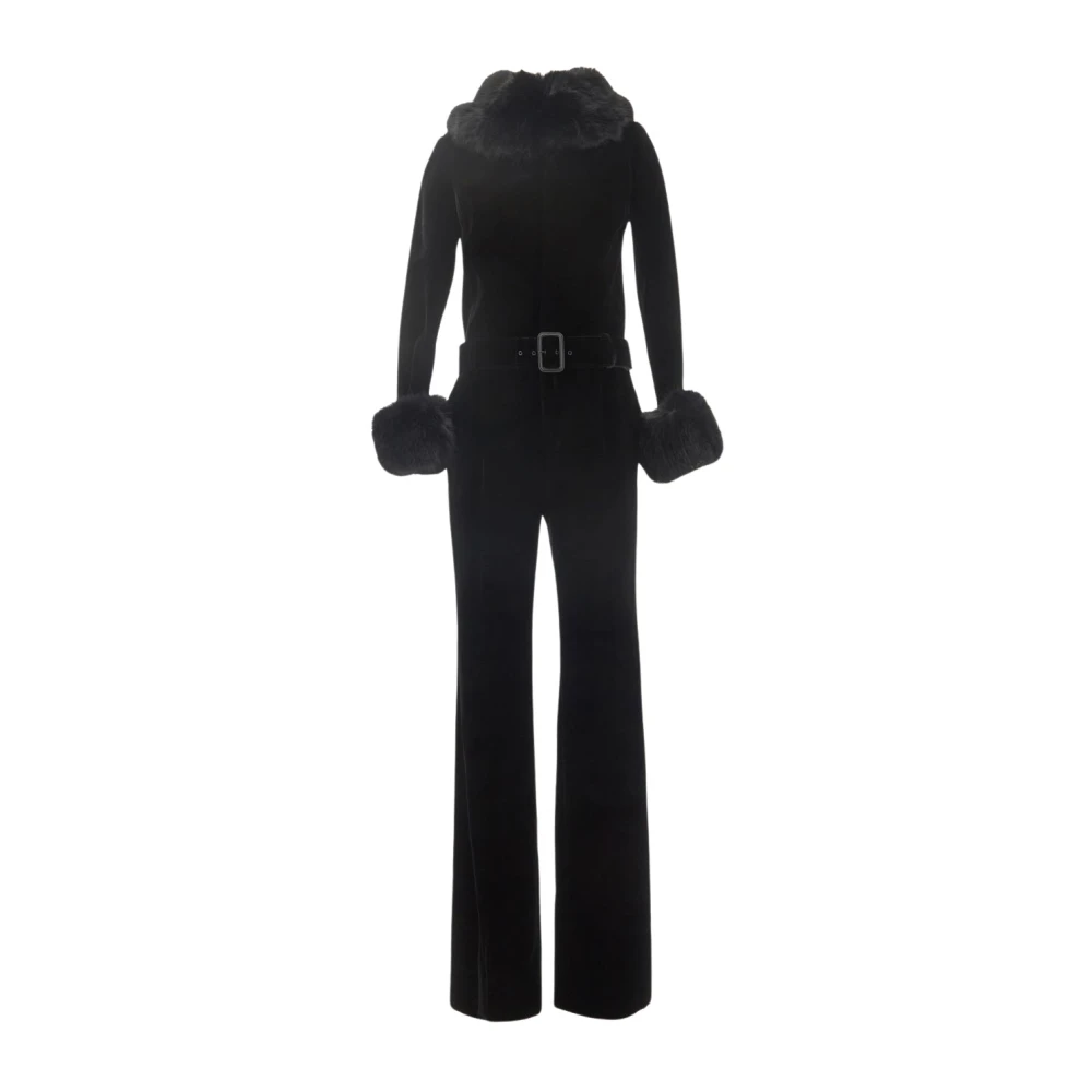 Saint Laurent Zwarte Fluwelen Jumpsuit met Bontdetails Black Dames