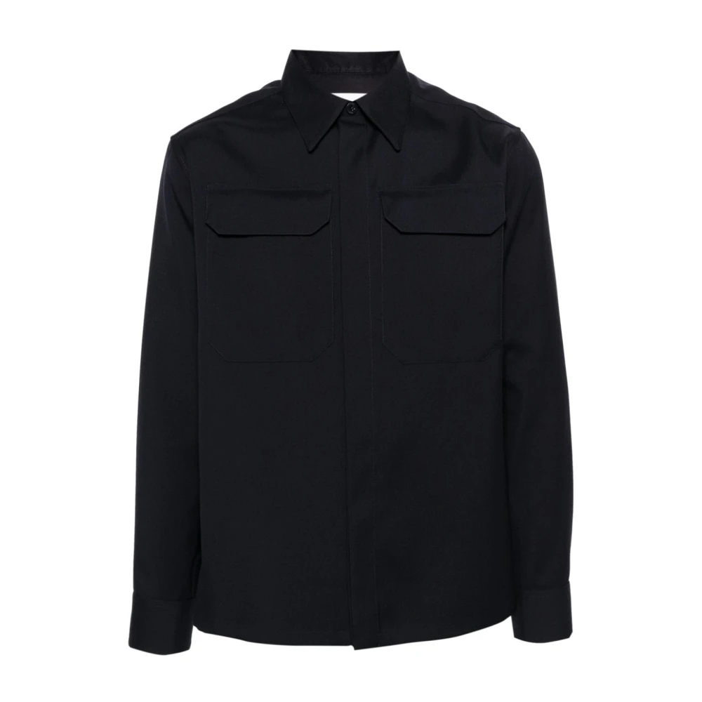 Jil Sander Blauwe wollen gabardine overhemd met zakken Blue Heren