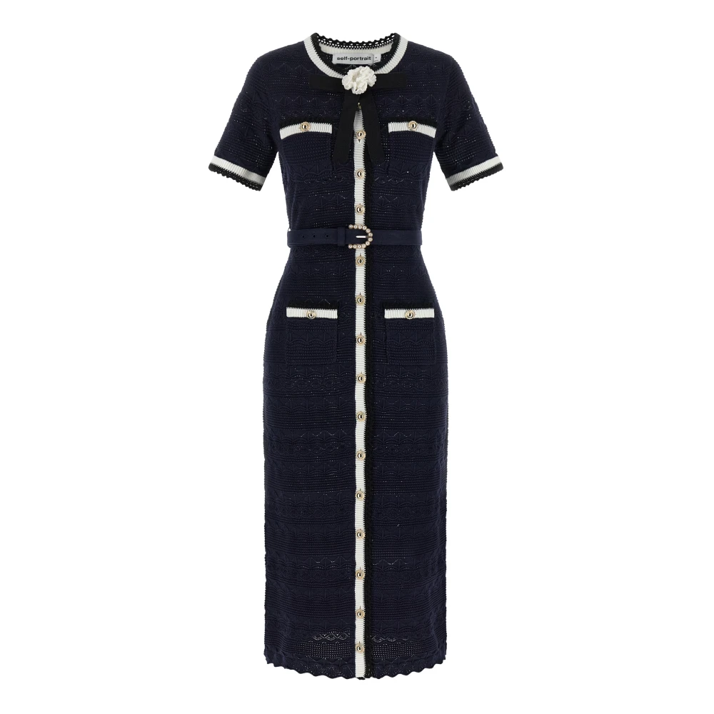 Self Portrait Women's Blue Pointelle Knit Midi Dress - Knitted Dresses - Xs - Dresses